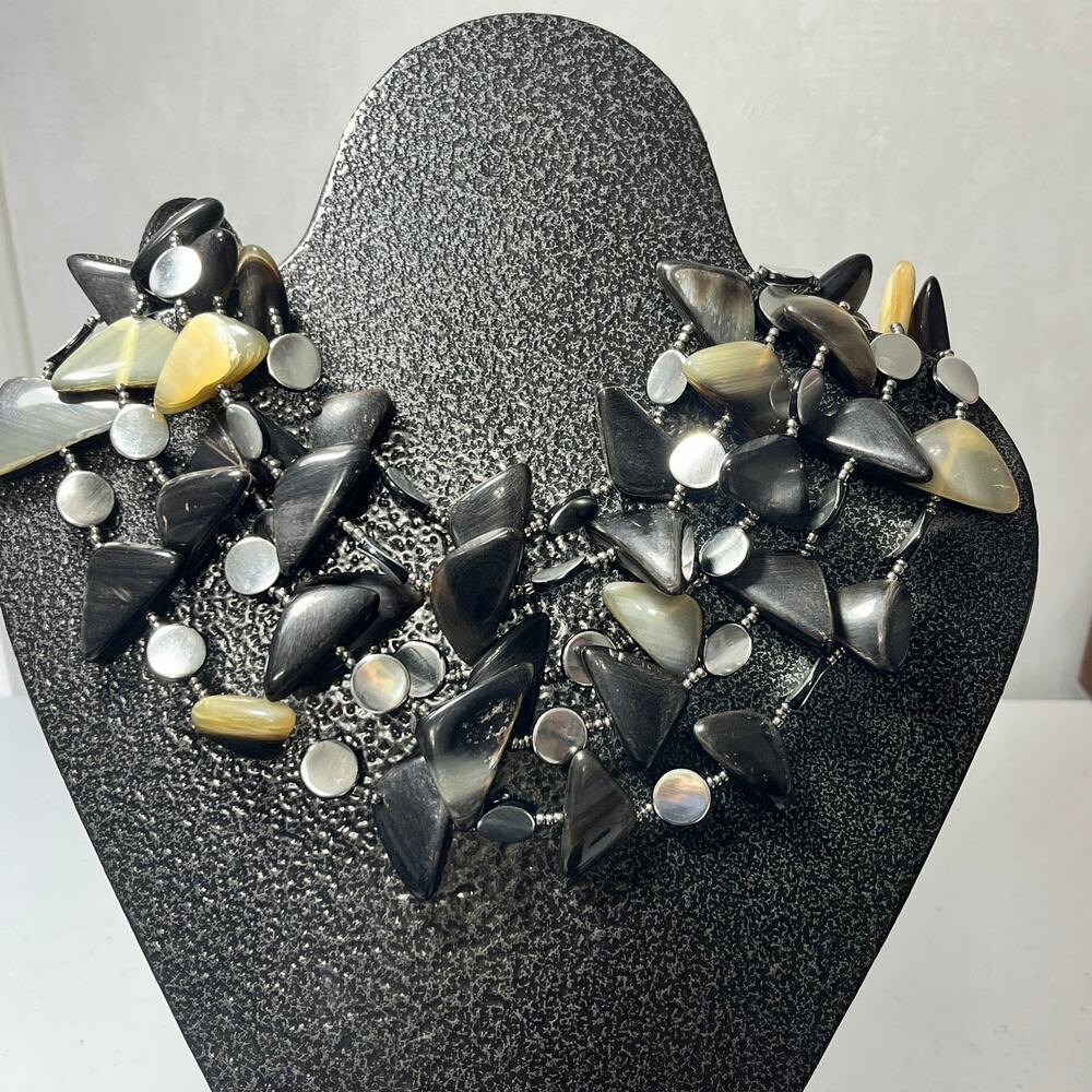 5-Strand Shell Beaded Bib Abalone Statement Necklace Black Silver 22-25 inches
